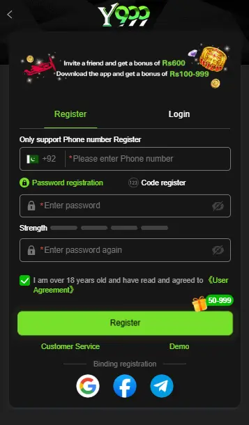 Y999 Game registration process on Android
