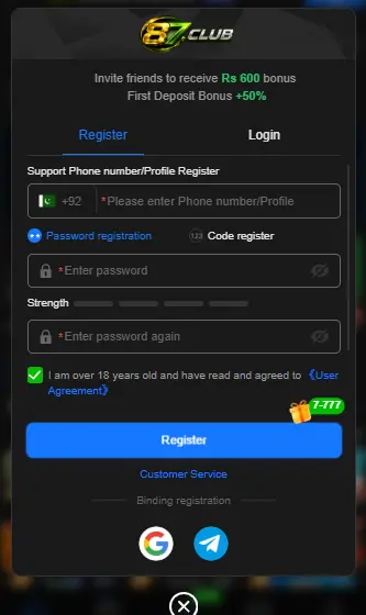 87Club Game account registration