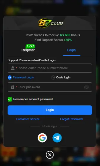 87Club Game login 