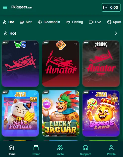 PKrupees game app home screen showing hot, slot, fishing and sports game categories