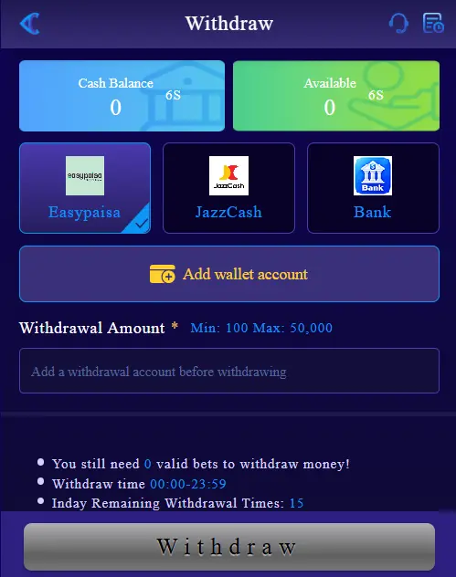 81CC withdrawal options with Easypaisa JazzCash and bank transfer