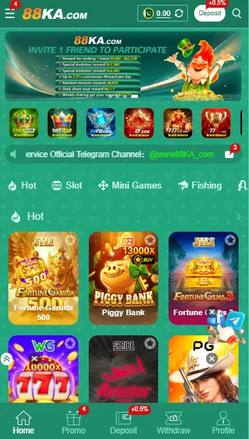 88KA Game dashboard showing slot and mini game categories