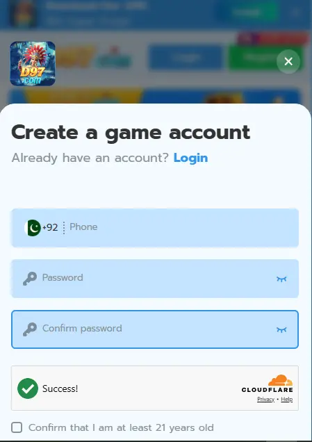 D97 game account registration form with phone number and password fields