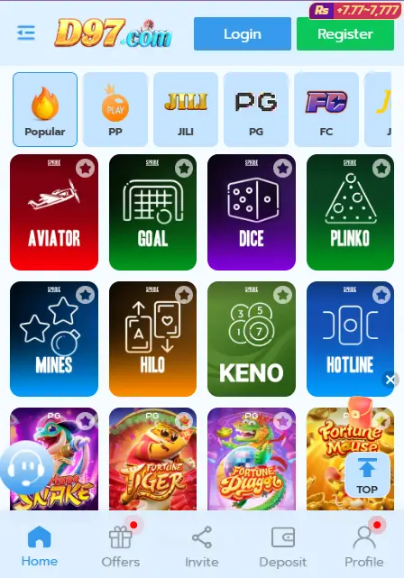 D97 game homepage showing popular casino games and navigation menu