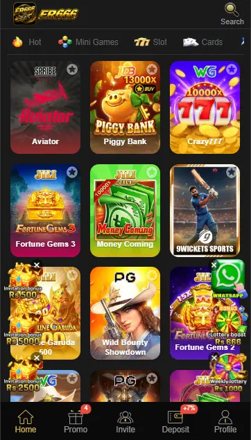 ER666 Game app homepage showing online games, slots, cards and earning options