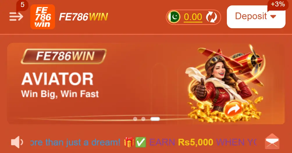 FE786Win game home screen with Aviator game and earning offer