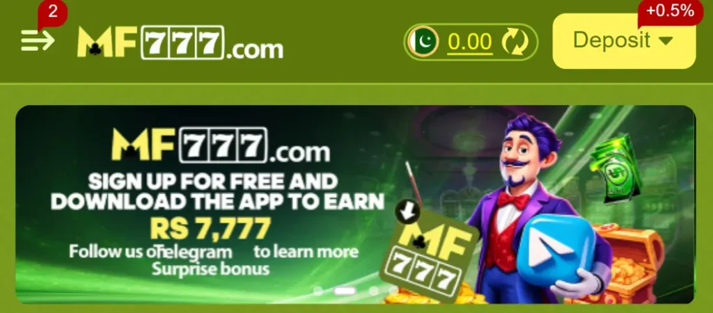 MF777 Game welcome bonus banner for Pakistani users