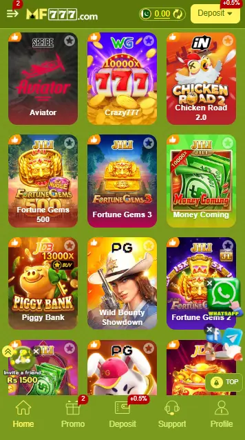 MF777 Game dashboard with different online games