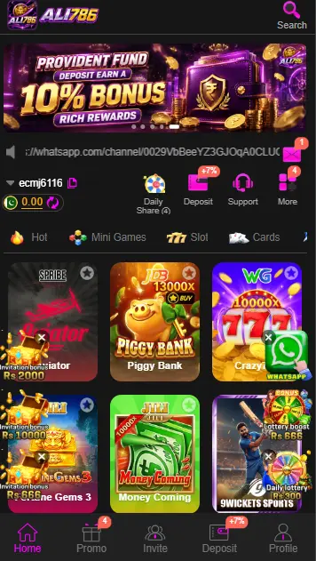 Ali786 earning app home screen with mini games and gaming options