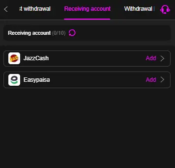 Ali786 withdrawal screen with JazzCash and Easypaisa payment options