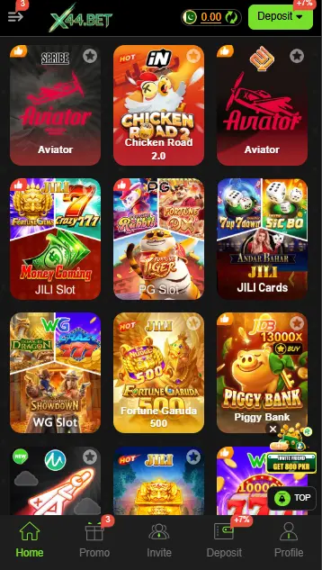 X44 Game app interface with game options
