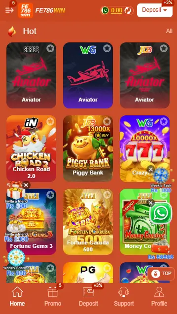 FE786Win games dashboard showing Aviator, Piggy Bank, Crazy 777 and other games
